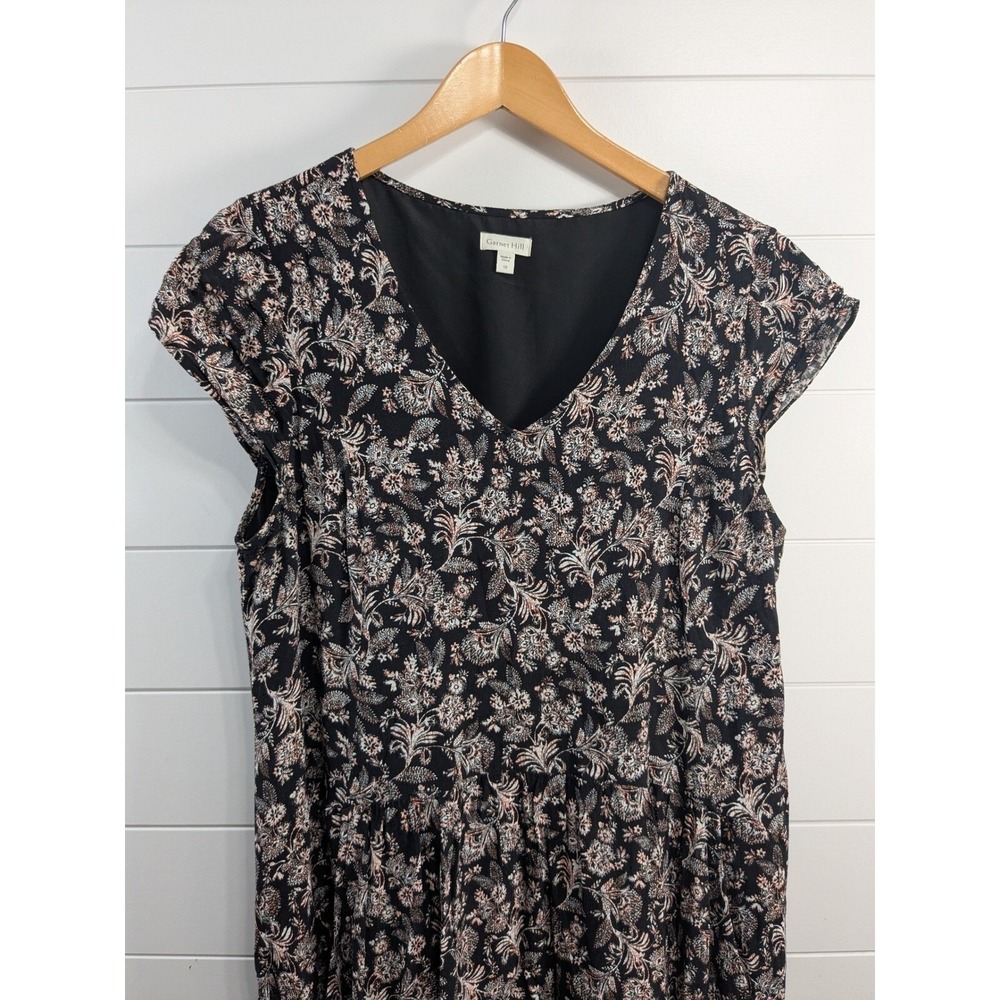 Garnet Hill Womens Dark Floral Summer‎ Day Dress sz 12 Black Pockets Sustainable
